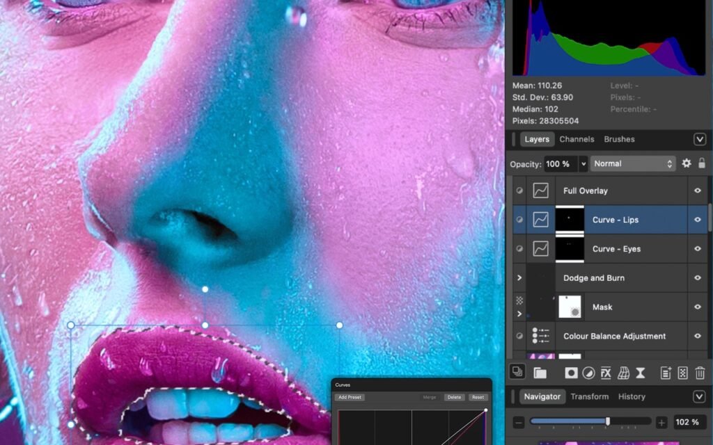 Affinity app interface with professional photo editing tools