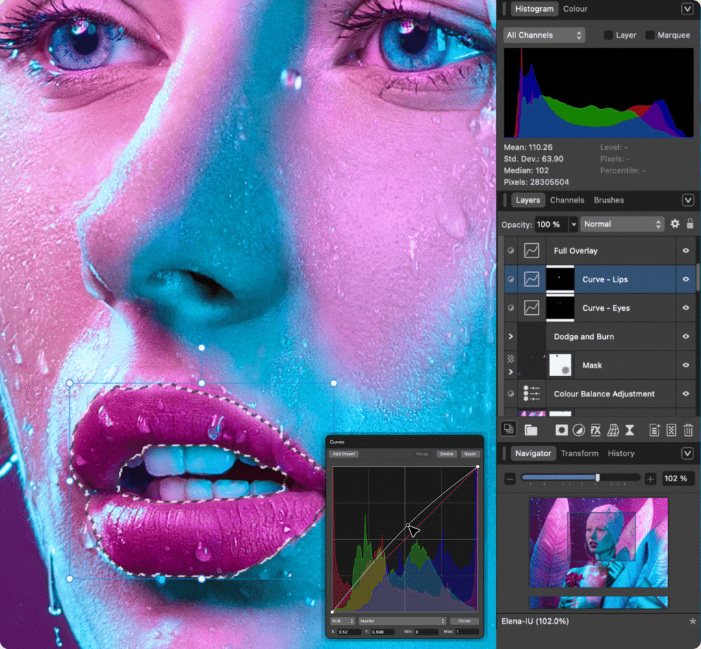 Affinity app interface with professional photo editing tools