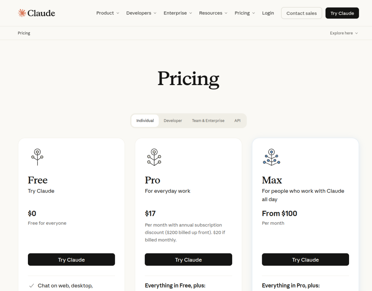 Claude pricing plans from Free to Max