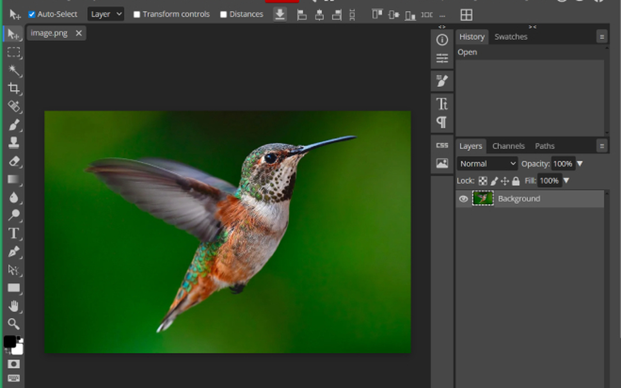 Photopea browser editor interface with a Photoshop-like layout
