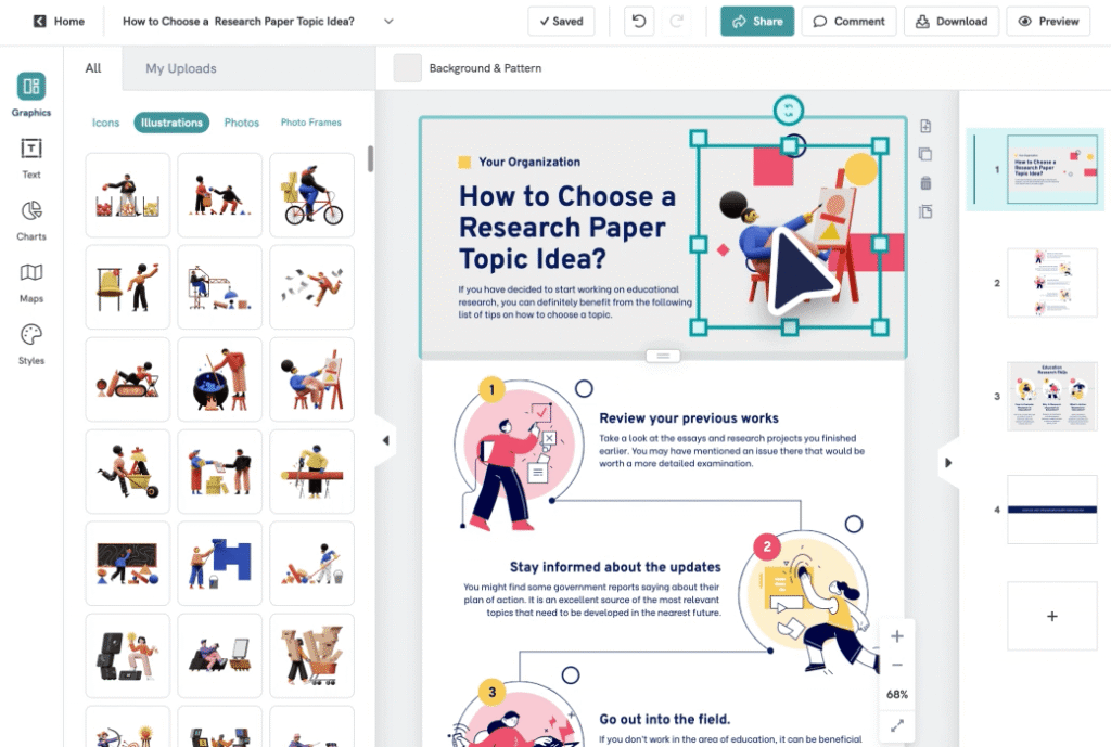 Piktochart infographic maker with charts and illustrations